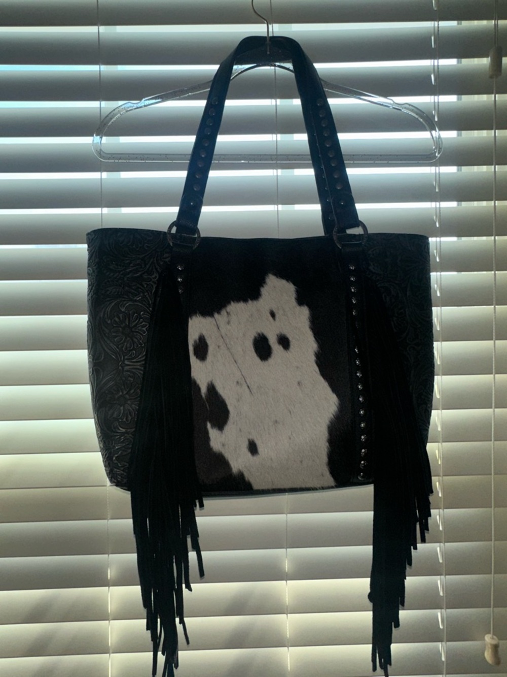 Fringed Cowhide Tote Bag in Black and White